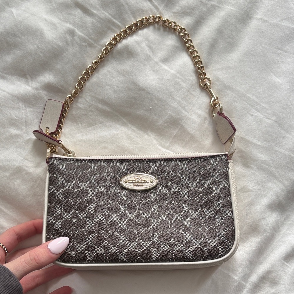 Coach Brown and Cream Mini Shoulder Bag with Gold Chain